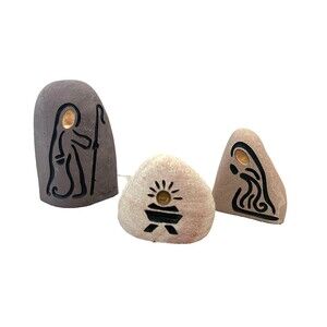 Sandstone 3pc Nativity Holy Family Engraved River Rock Art Abstract Petroglyphs